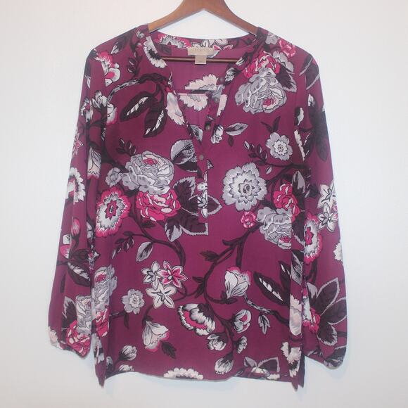 LOFT Women’s Floral Long Sleeve Blouse Size Medium Petite Purple Work Top - Picture 1 of 9